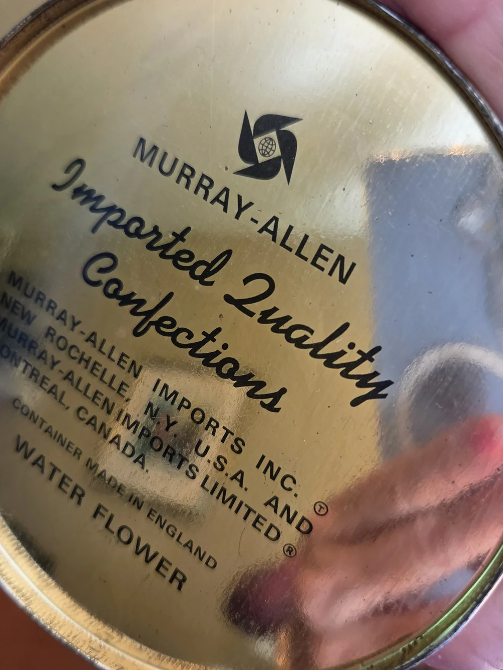 Vtg Murray Allen Confections Tin Canister w Lid Handle Water Flower England